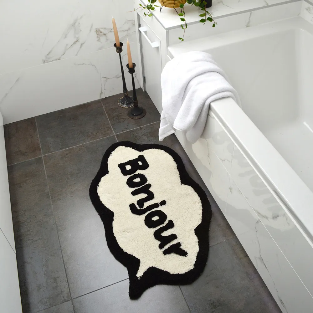 Speech Bubble Bonjour Slogan Non Slip Bath Mat - Cream