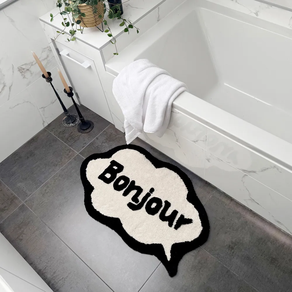 Speech Bubble Bonjour Slogan Non Slip Bath Mat - Cream