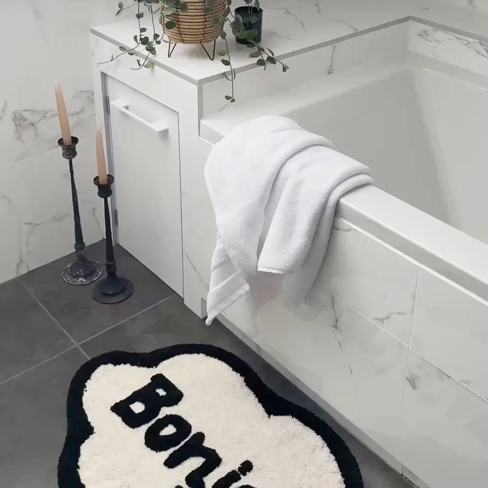 Speech Bubble Bonjour Slogan Non Slip Bath Mat - Cream