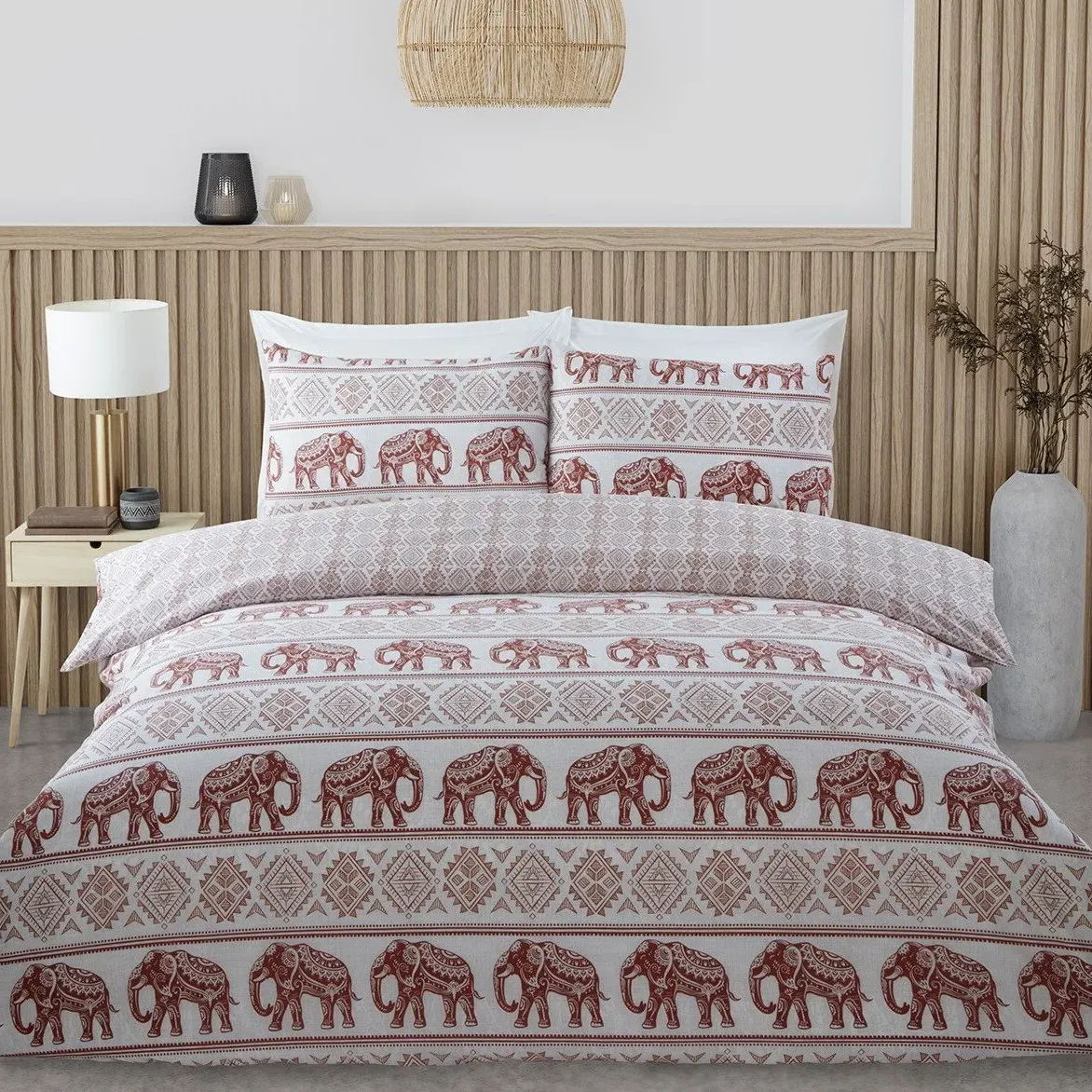 Hathi Elephant Double Duvet Cover and Pillowcase Set - Rust