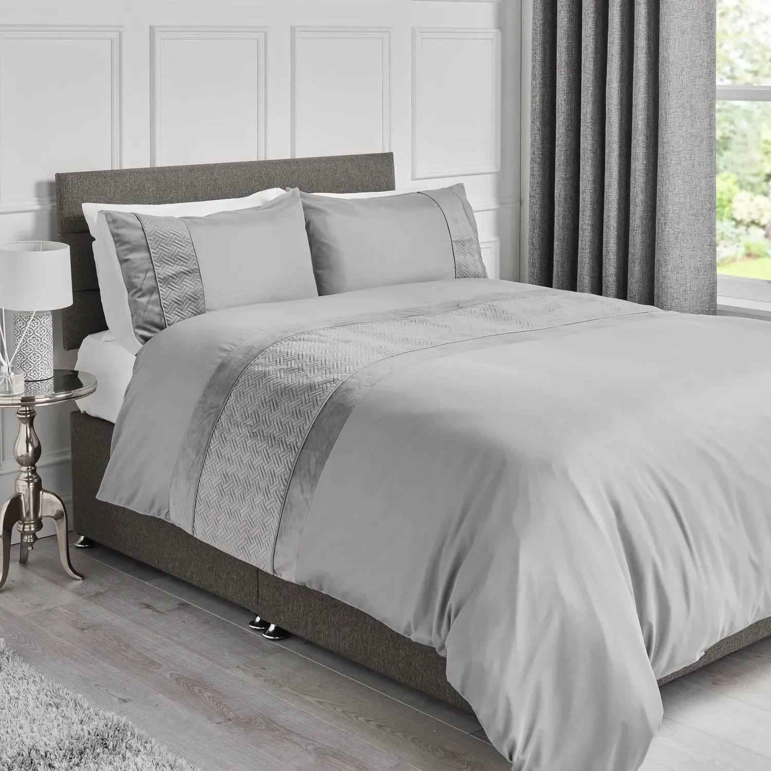 Home King Size Crosshatch Embossed Panel Duvet Set - Charcoal