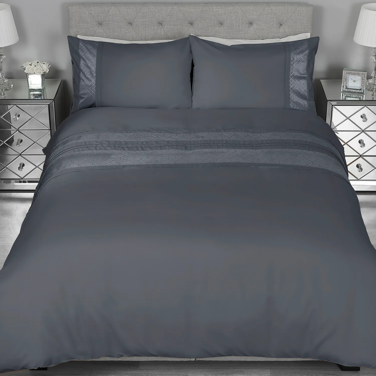 Home King Size Geo Velvet Stripe Duvet Cover Set - Grey