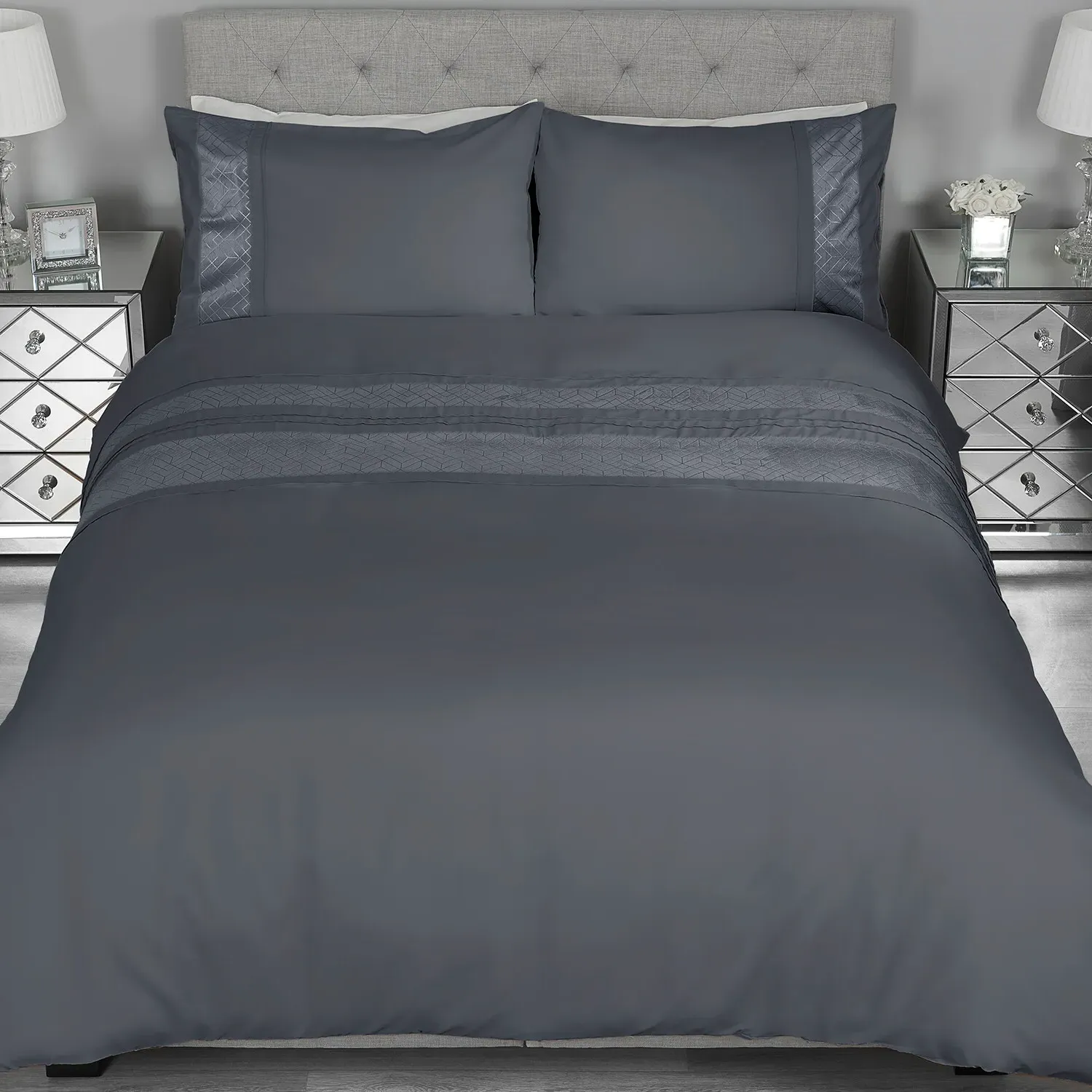 Home Super King Geo Stripe Velvet Duvet Set - Grey