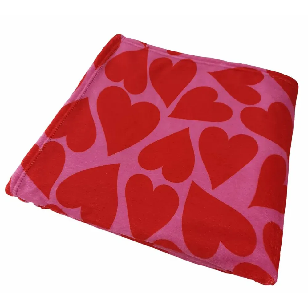 Love Heart Fleece Throw - Red, Flannel
