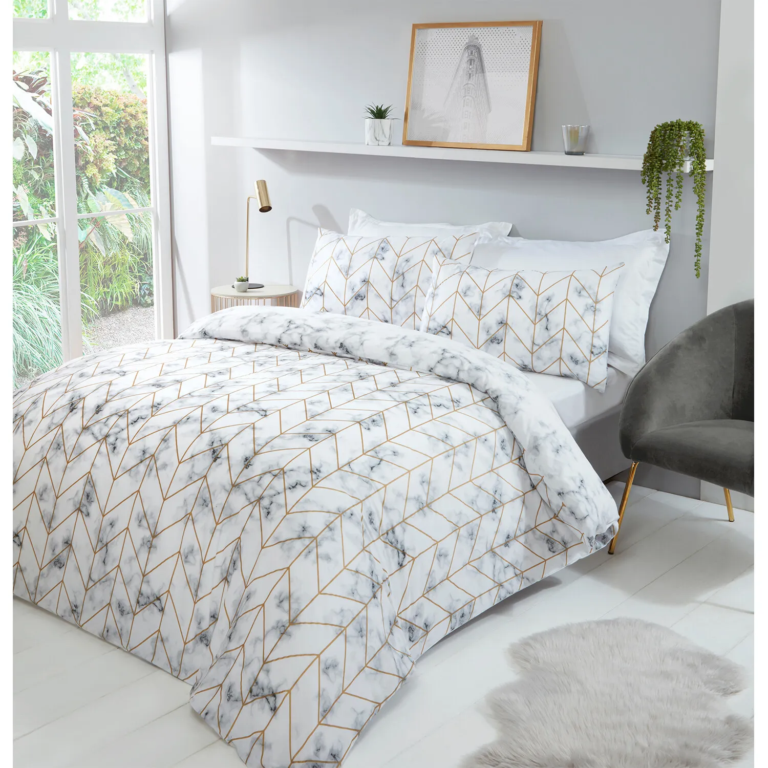 Marble Metallic King Duvet Cover Set - White