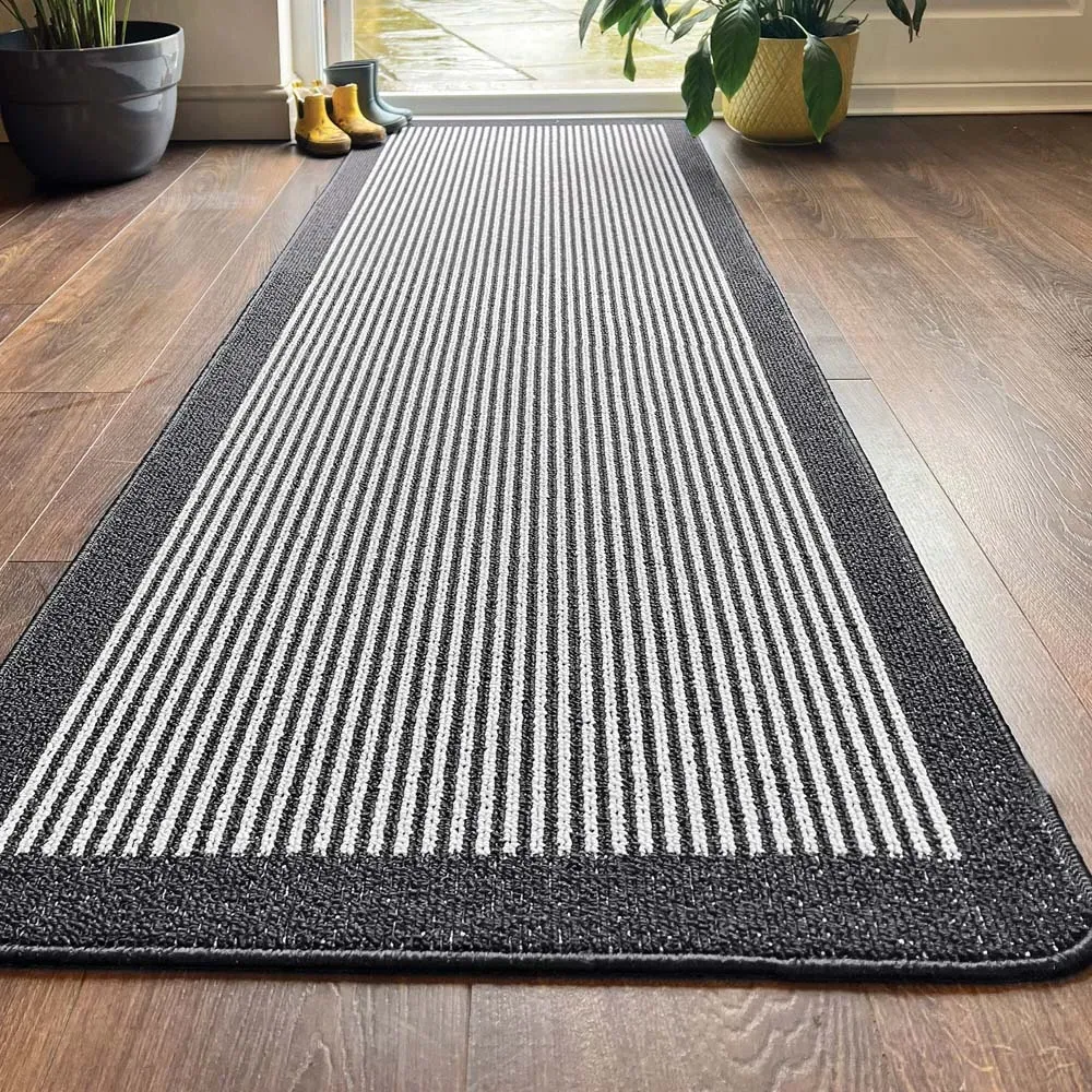 Charcoal Stripe Stain Resistant Runner - Grey
