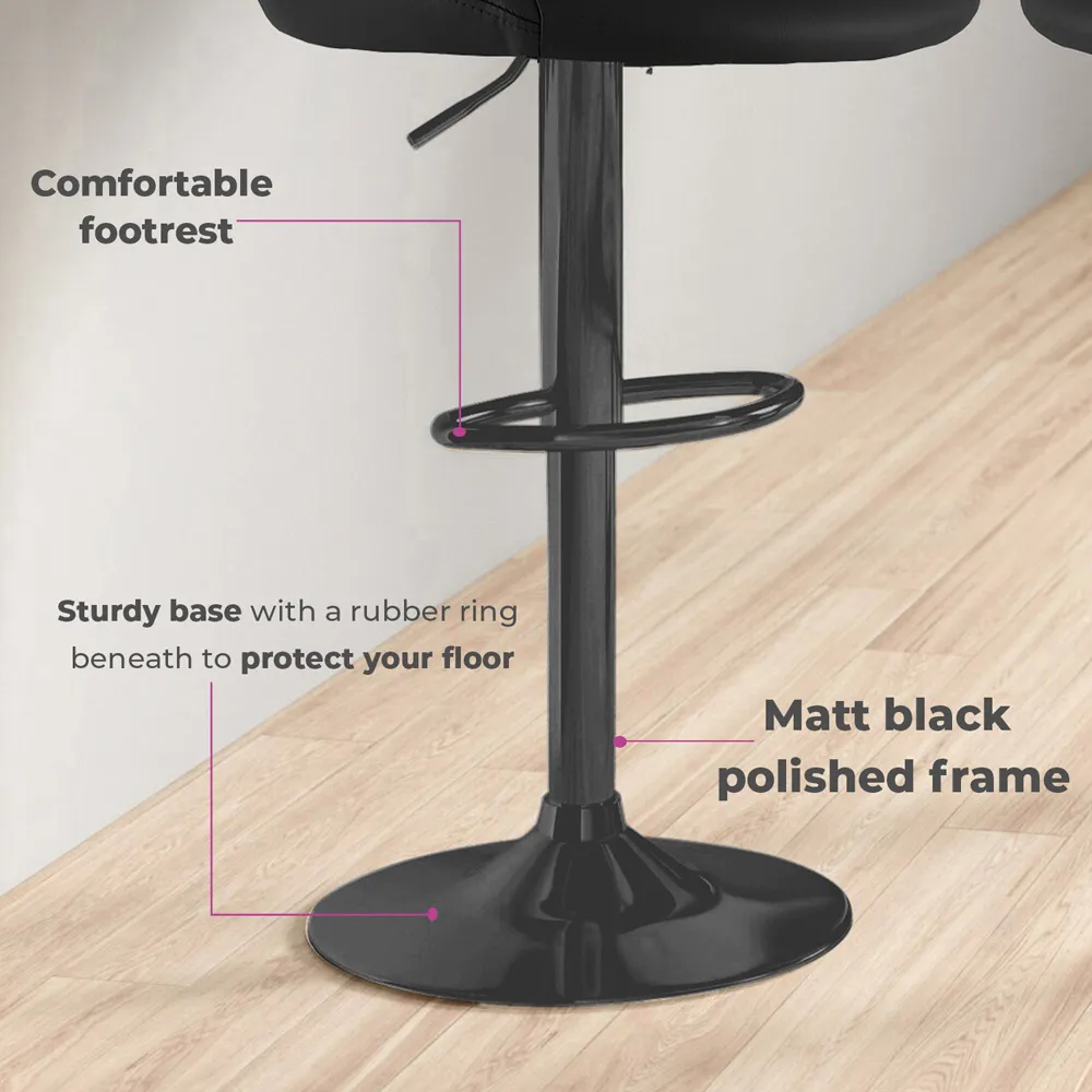 Bar Stool Set of 2 with Gas Lift - Black, Leather