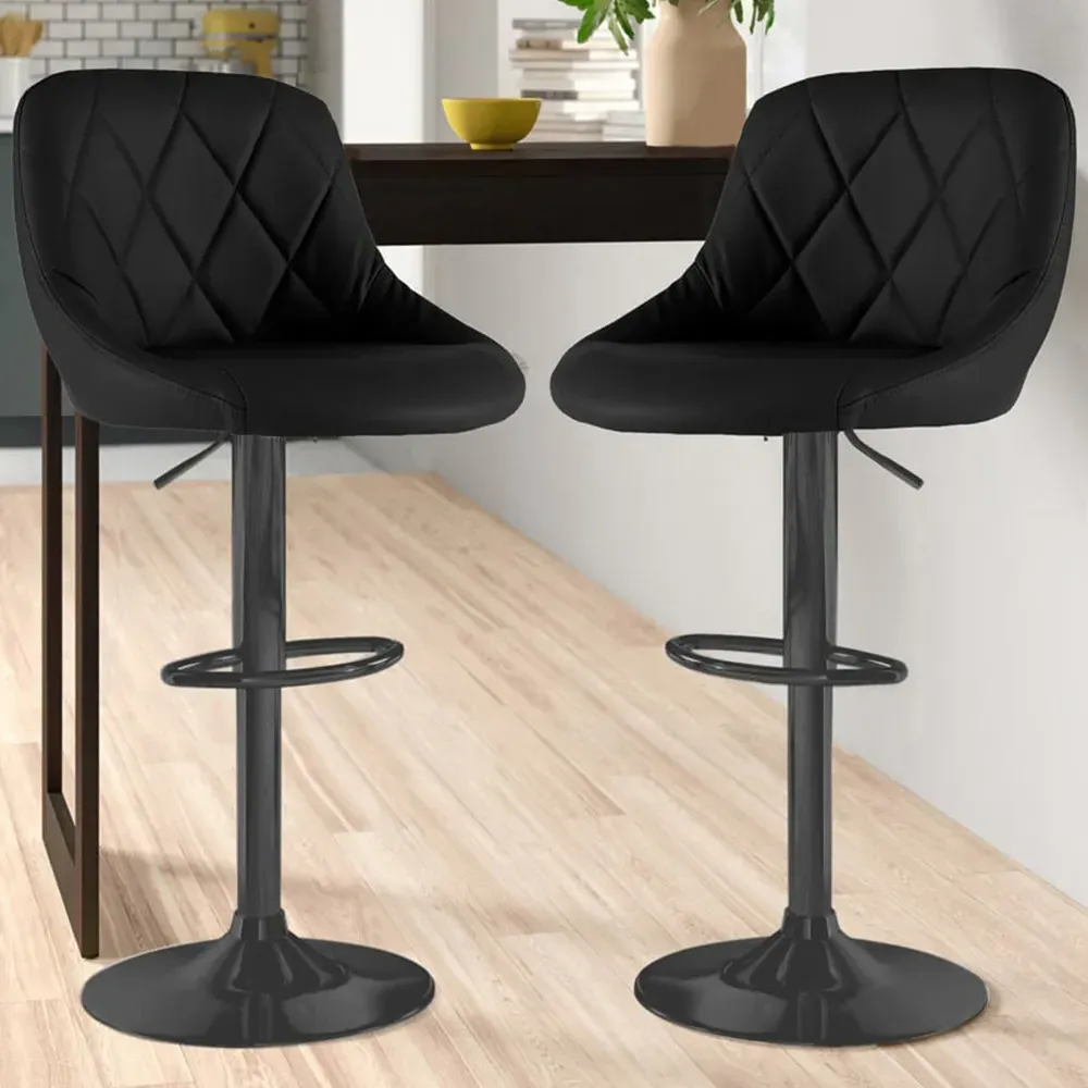 Bar Stool Set of 2 with Gas Lift - Black, Leather