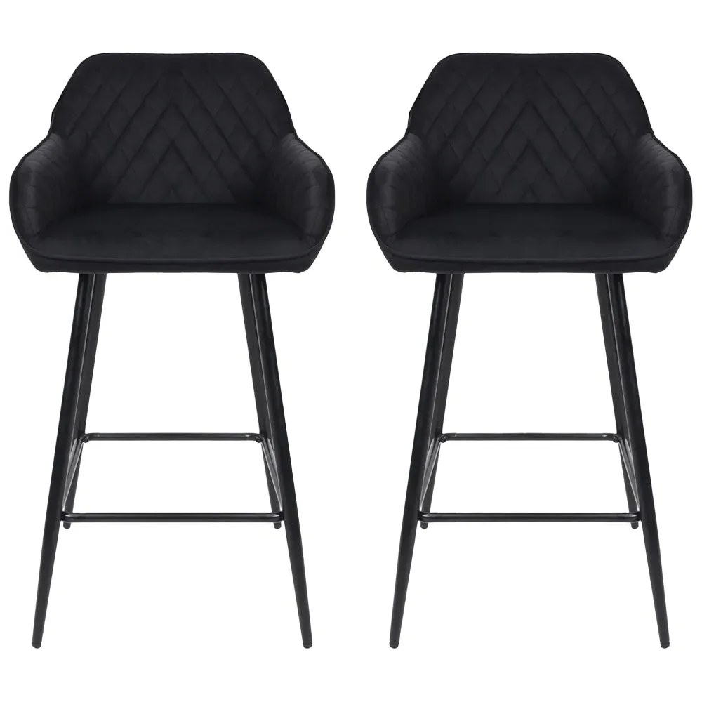 Diamond Quilted Bar Stool Set of 2 - Black, Crushed Velvet
