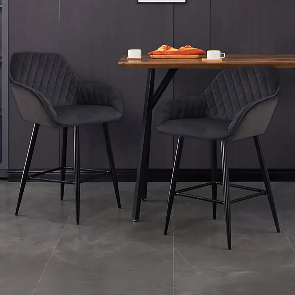 Diamond Quilted Bar Stool Set of 2 - Black, Crushed Velvet