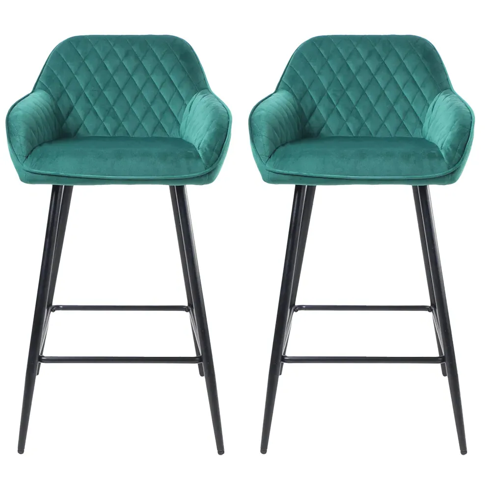 Diamond Quilted Bar Stool Set of 2 - Green, Crushed Velvet