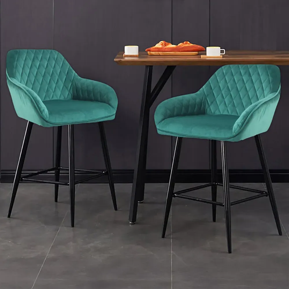 Diamond Quilted Bar Stool Set of 2 - Green, Crushed Velvet