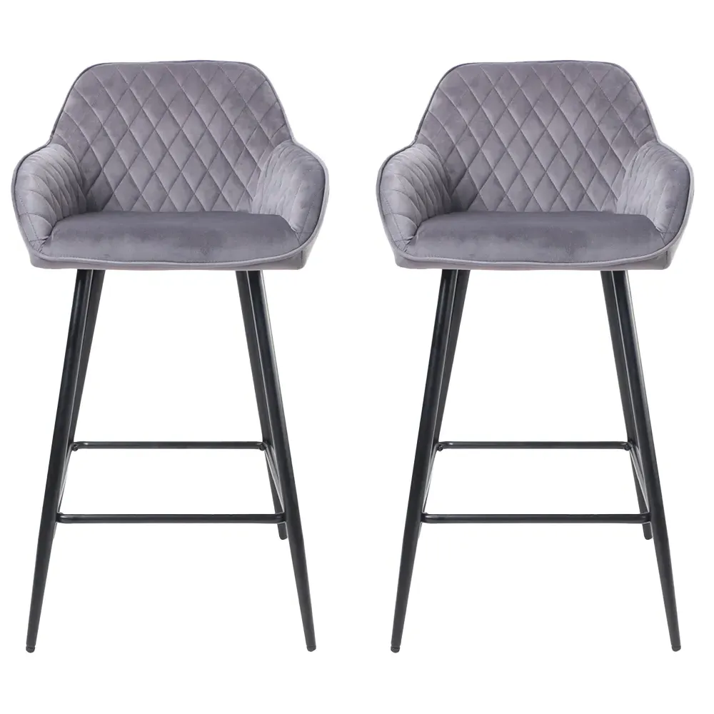 Diamond Quilted Bar Stool Set of 2 - Grey, Crushed Velvet