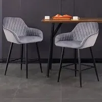 Diamond Quilted Bar Stool Set of 2 - Grey, Crushed Velvet