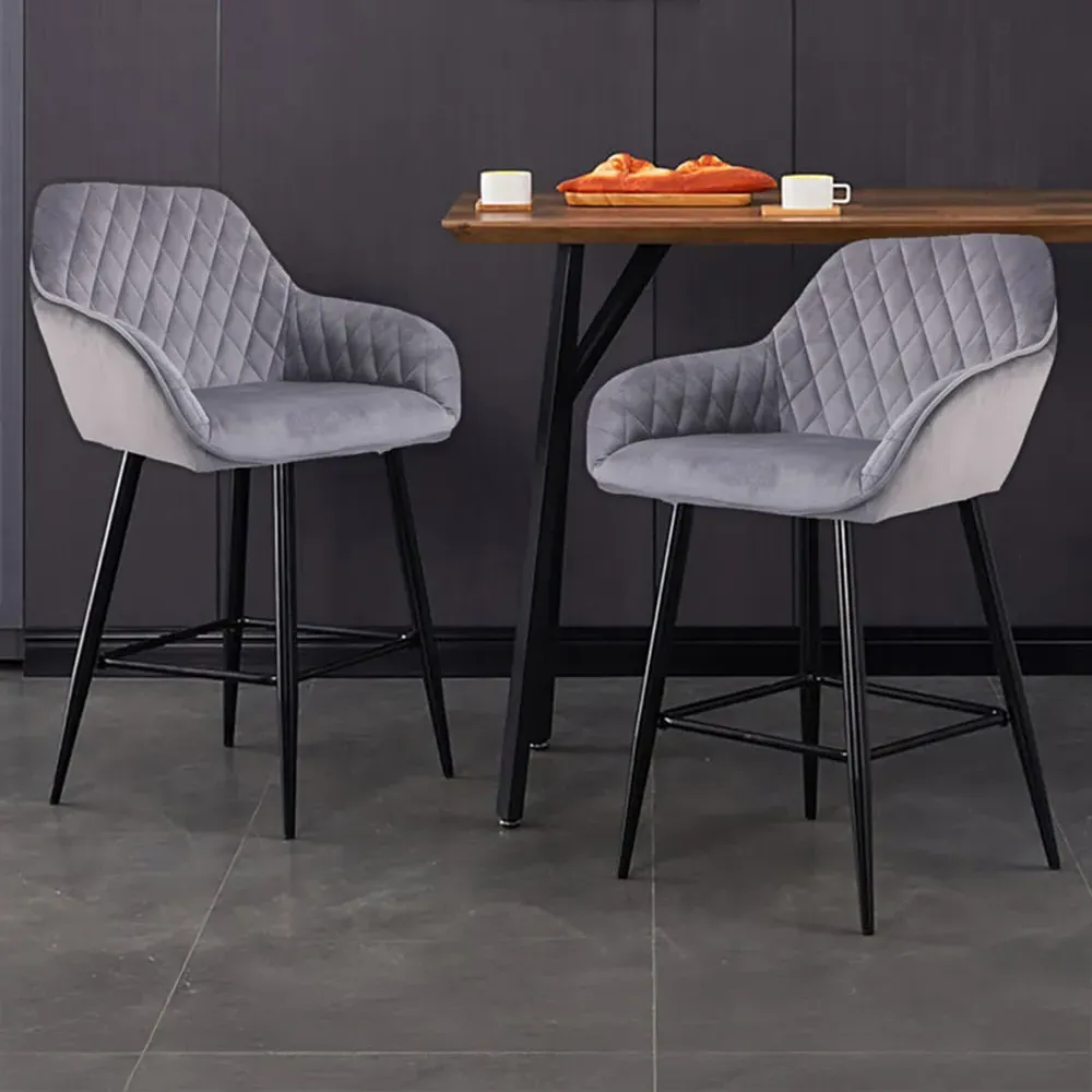 Diamond Quilted Bar Stool Set of 2 - Grey, Crushed Velvet