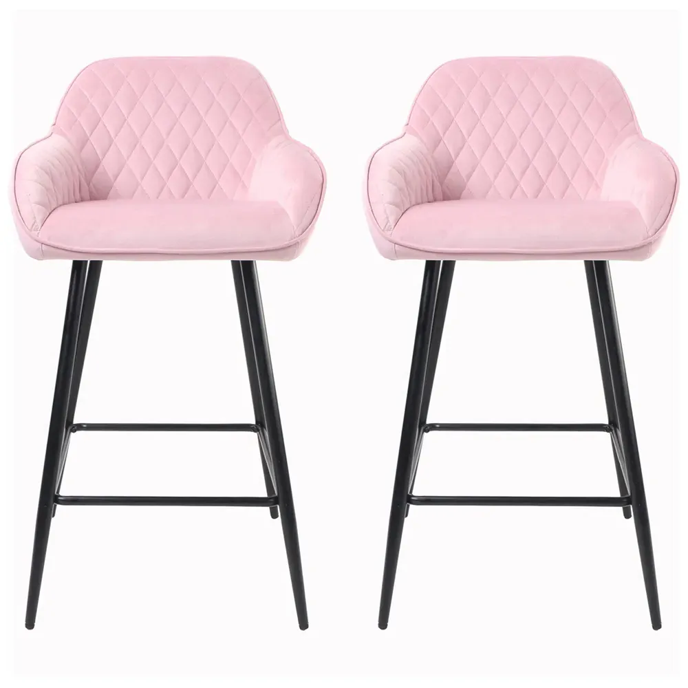 Diamond Quilted Bar Stool Set of 2 - Pink, Crushed Velvet