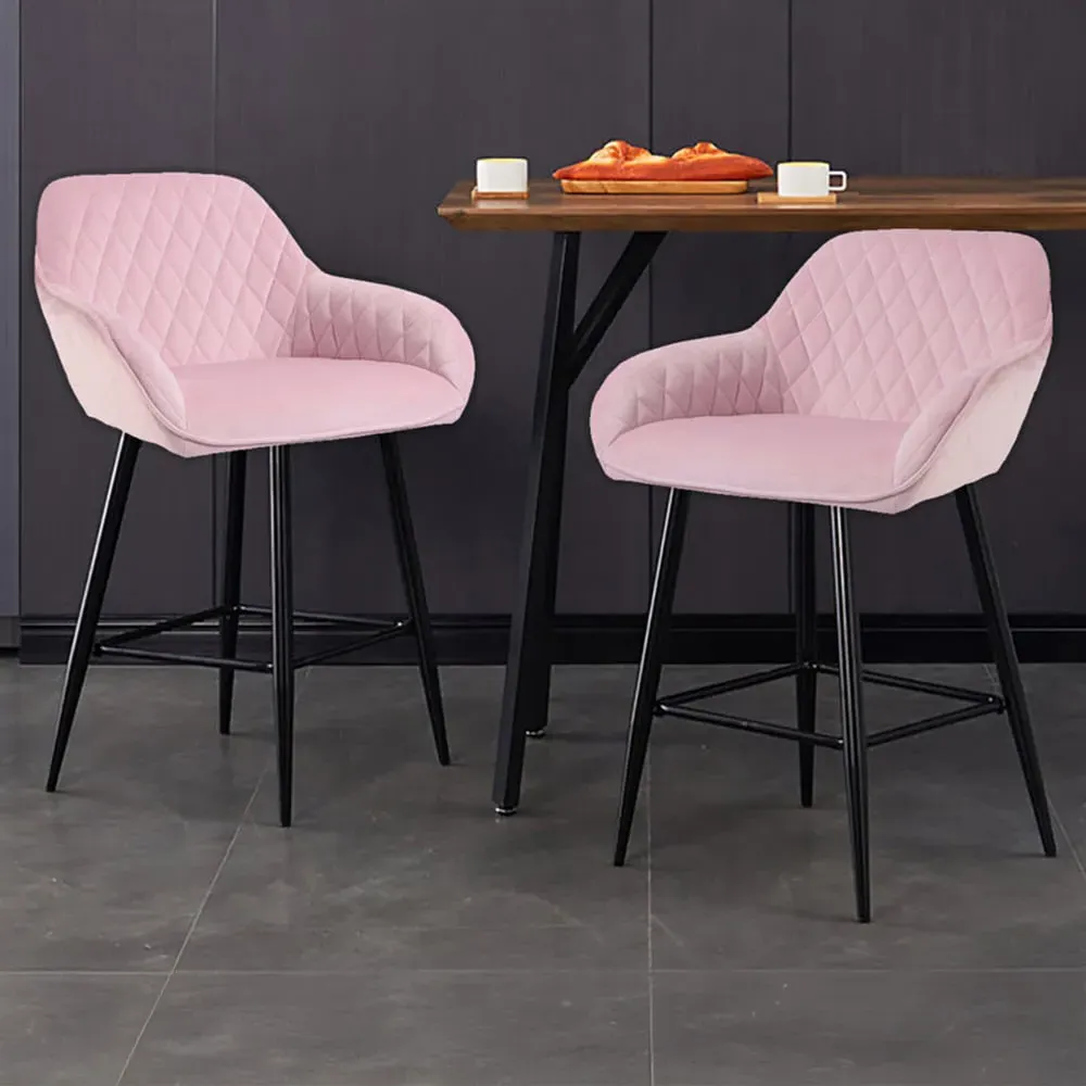Diamond Quilted Bar Stool Set of 2 - Pink, Crushed Velvet