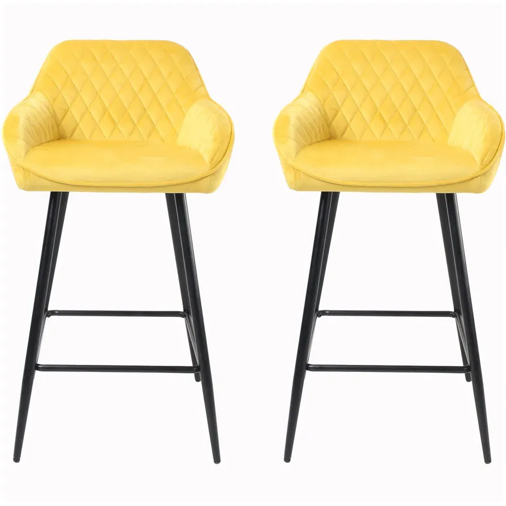 Diamond Quilted Bar Stool Set of 2 - Yellow, Crushed Velvet