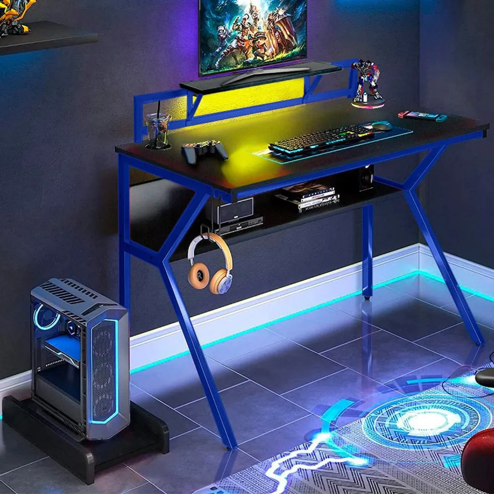 Ergonomic 2-Tier Gaming Desk with Monitor Stand - Blue