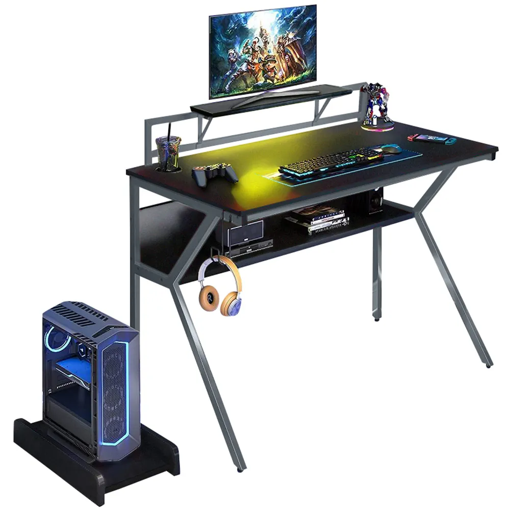 Ergonomic 2-Tier Gaming Desk with Monitor Stand - Grey