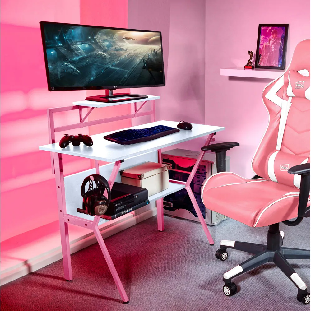 Ergonomic 2-Tier Gaming Desk with Monitor Stand - Pink