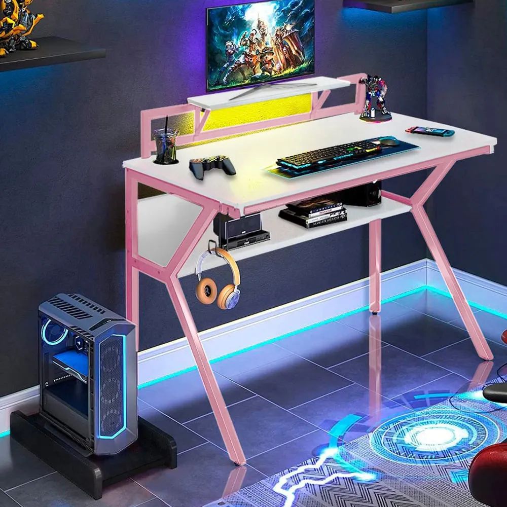 Ergonomic 2-Tier Gaming Desk with Monitor Stand - Pink