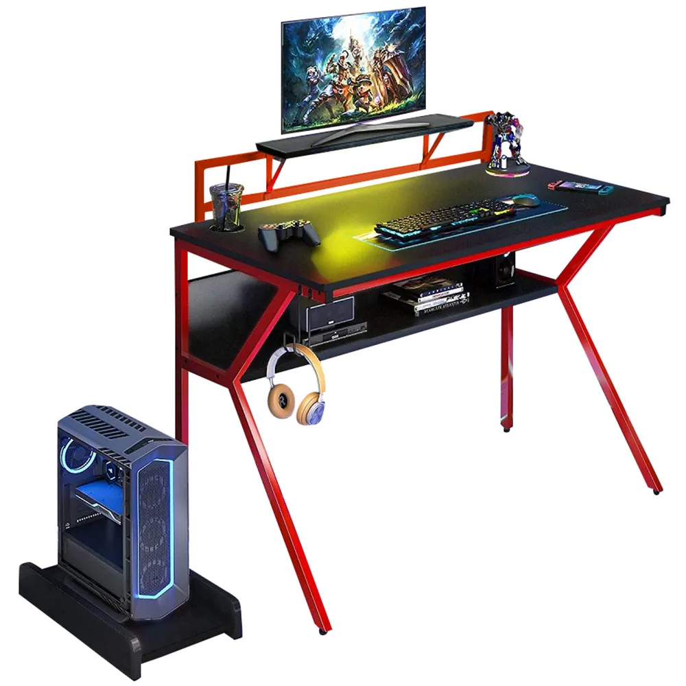 Ergonomic 2-Tier Gaming Desk with Monitor Stand - Red