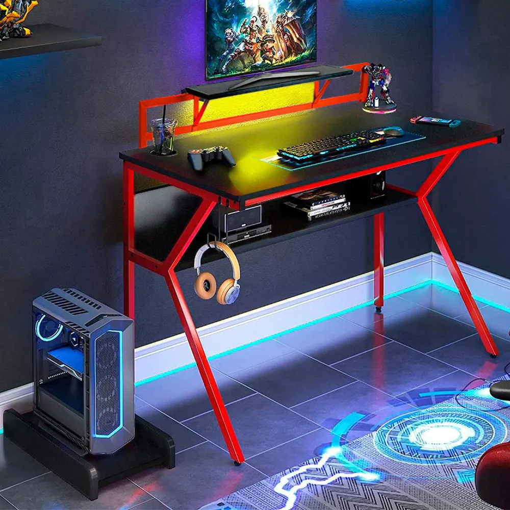 Ergonomic 2-Tier Gaming Desk with Monitor Stand - Red