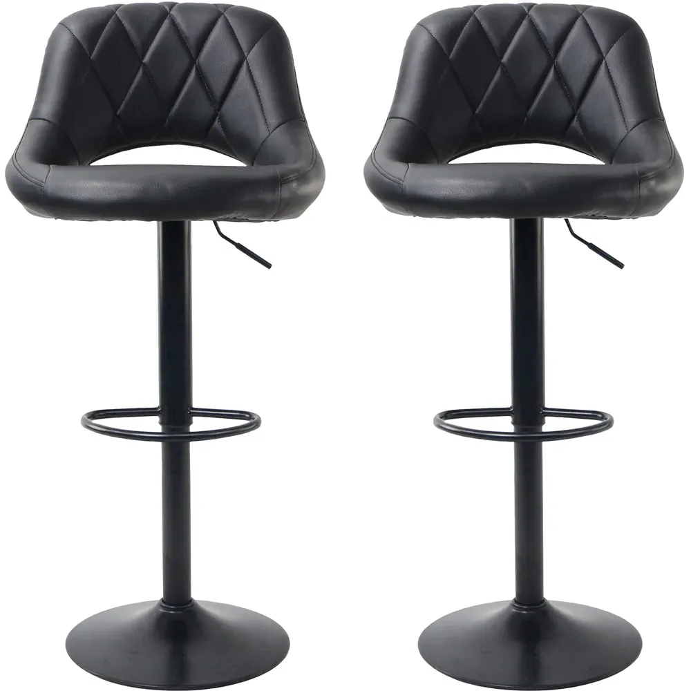 Milan Set of 2 Bar Stools Height Adjustable - Black, Leather