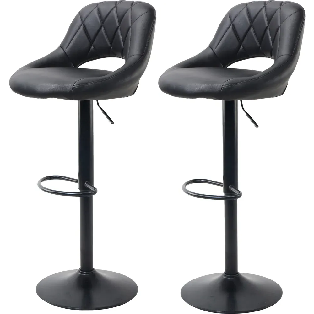 Milan Set of 2 Bar Stools Height Adjustable - Black, Leather