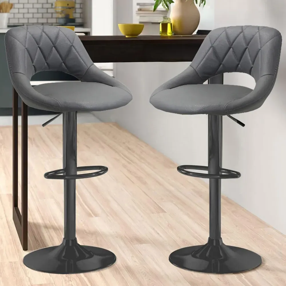 Milan Set of 2 Bar Stools Height Adjustable - Grey, Leather