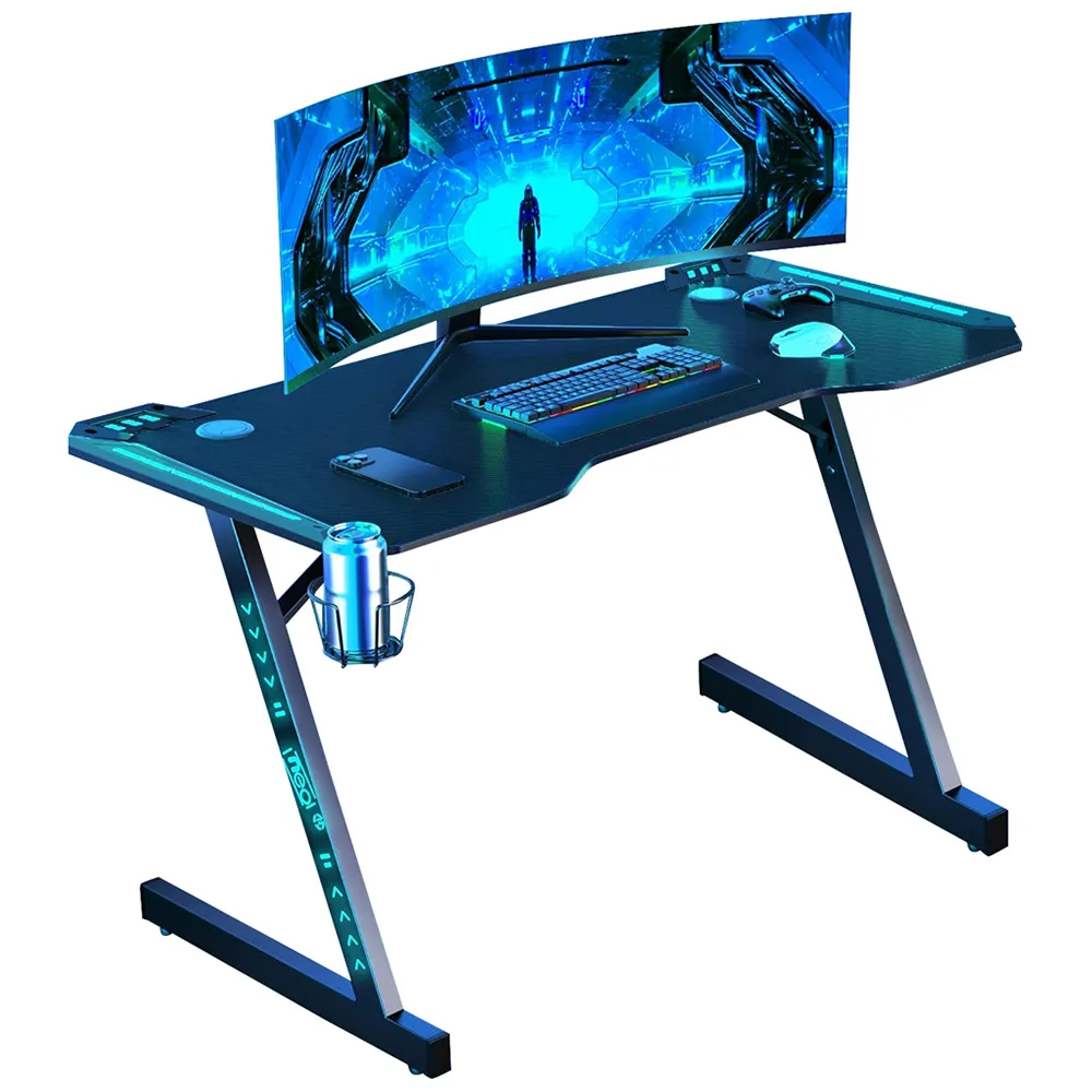 Model 2 Z-Shape Gaming Desk with LED Lights - Black