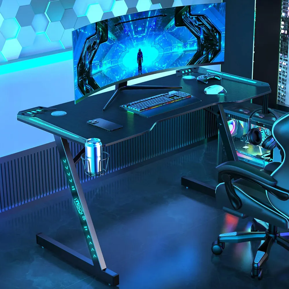 Model 2 Z-Shape Gaming Desk with LED Lights - Black image