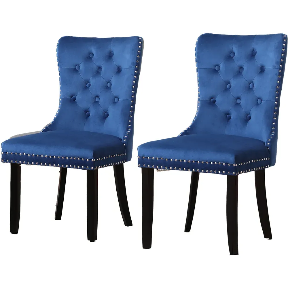Set of 2 Studded Dining Chairs - Blue, Velvet