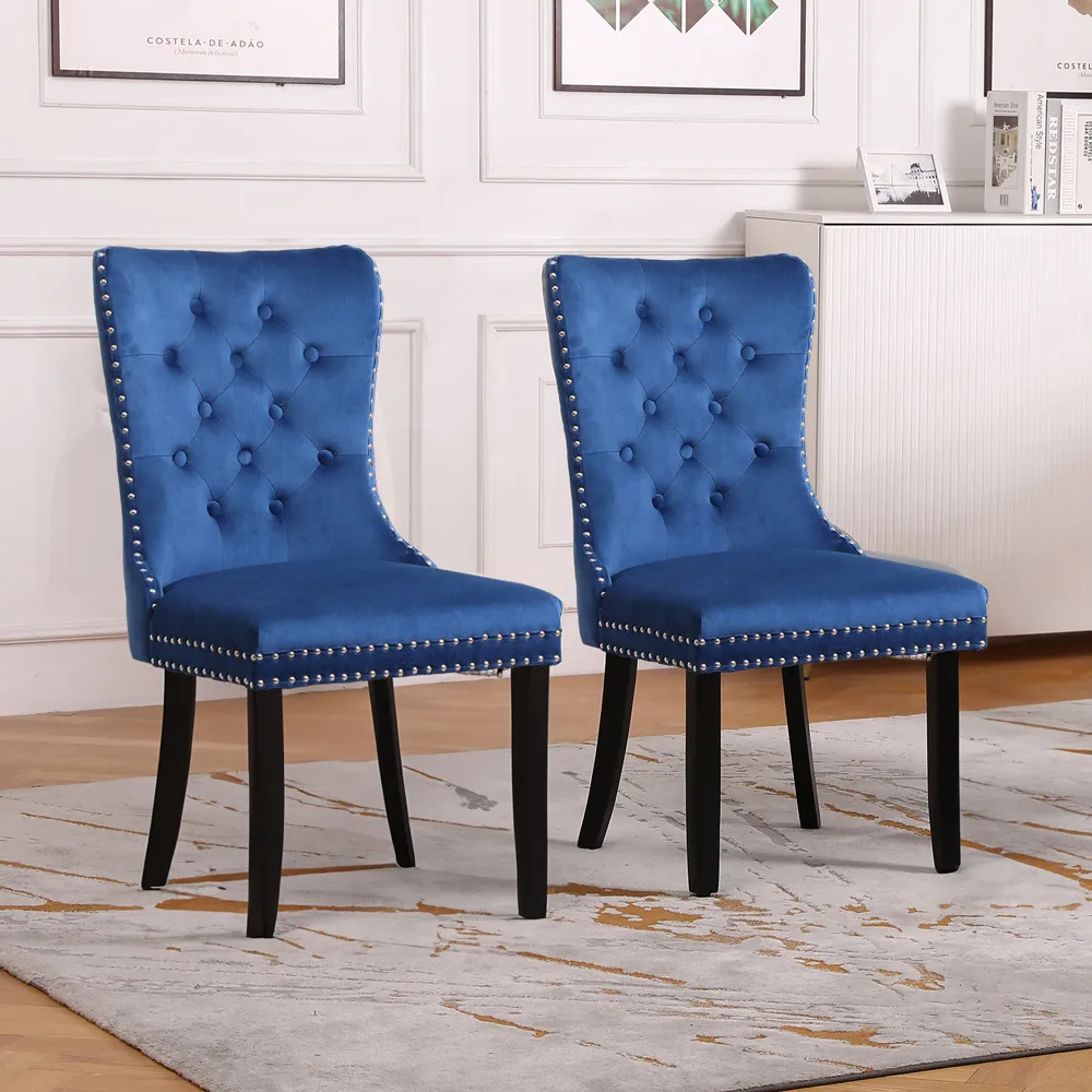 Set of 2 Studded Dining Chairs - Blue, Velvet