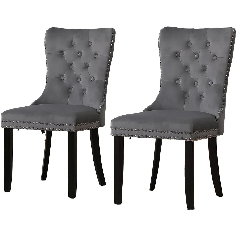 Set of 2 Studded Dining Chairs - Dark Grey, Velvet