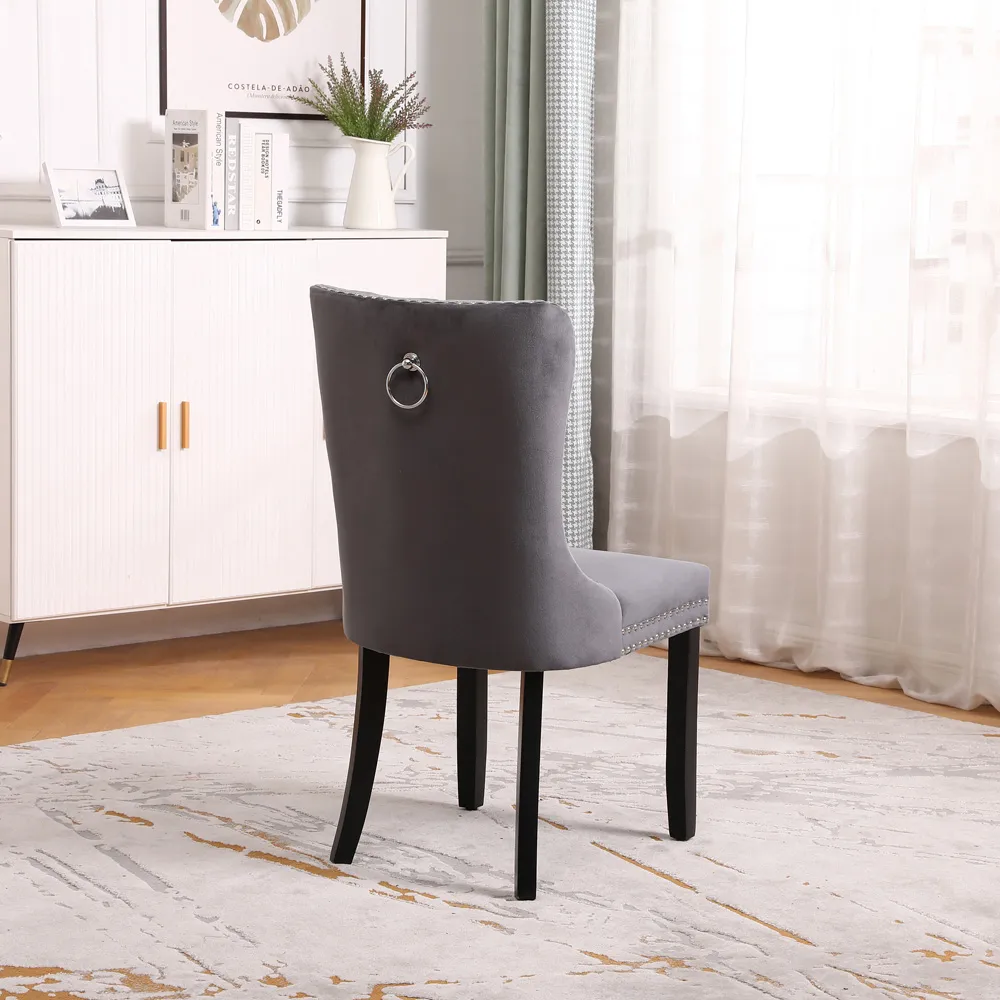 Set of 2 Studded Dining Chairs - Dark Grey, Velvet
