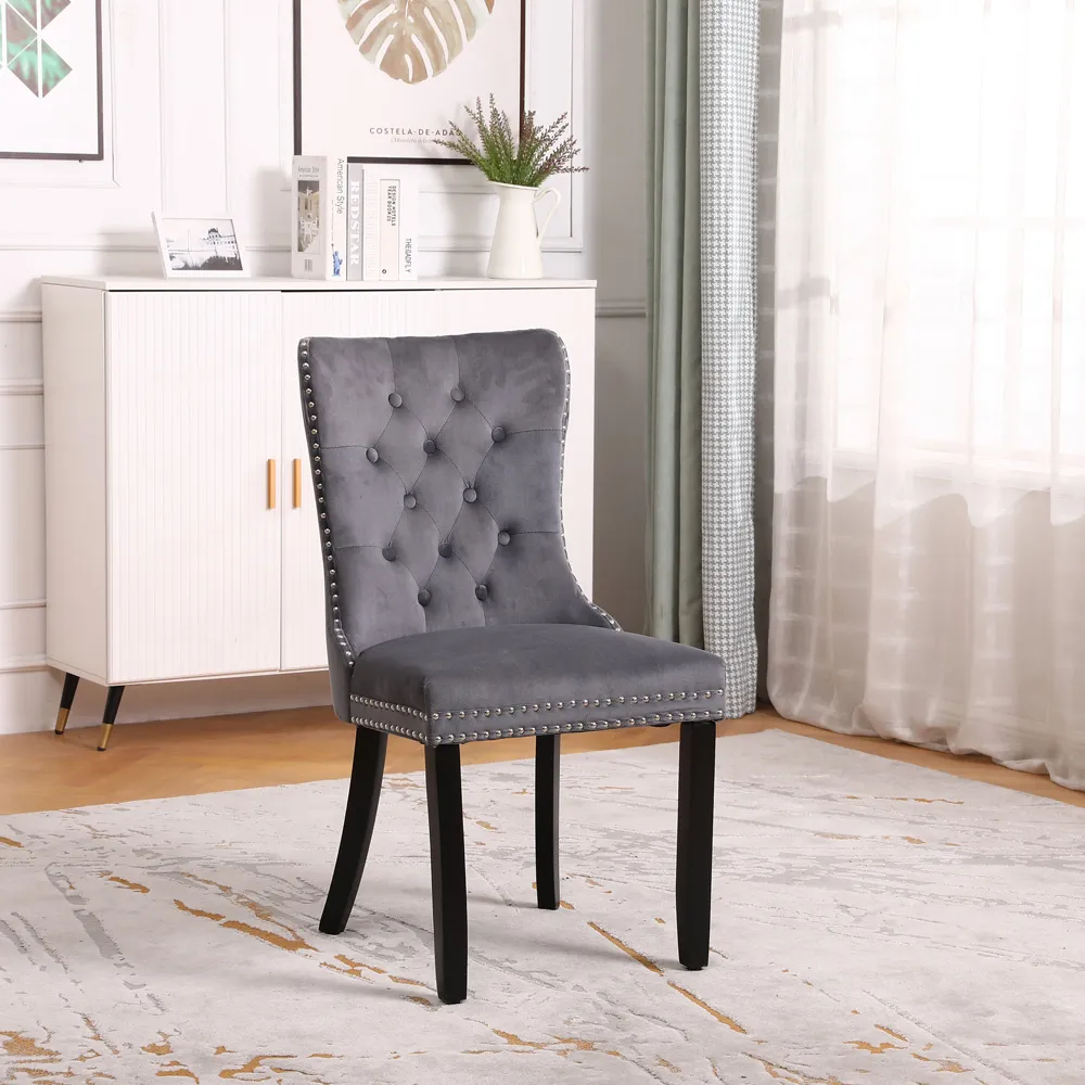 Set of 2 Studded Dining Chairs - Dark Grey, Velvet
