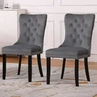Set of 2 Studded Dining Chairs - Dark Grey, Velvet