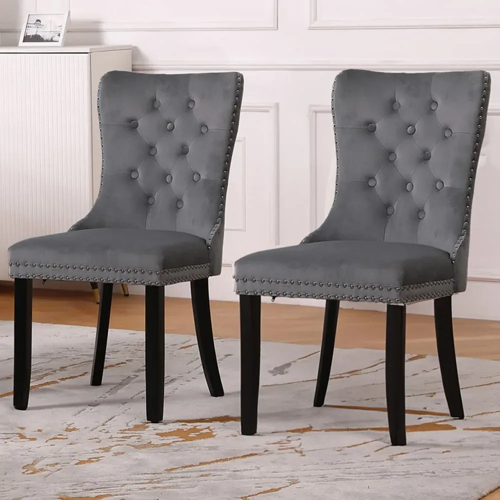 Set of 2 Studded Dining Chairs - Dark Grey, Velvet image