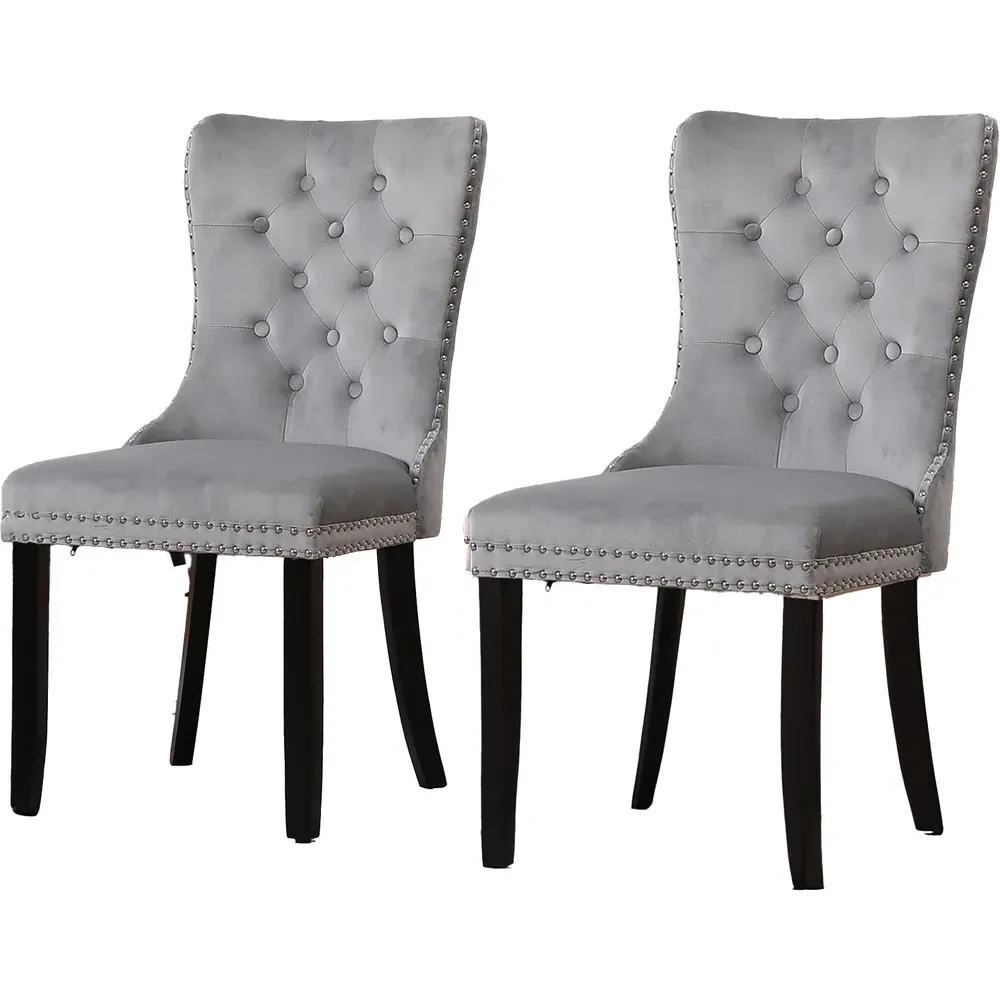 Set of 2 Studded Dining Chairs - Grey, Velvet