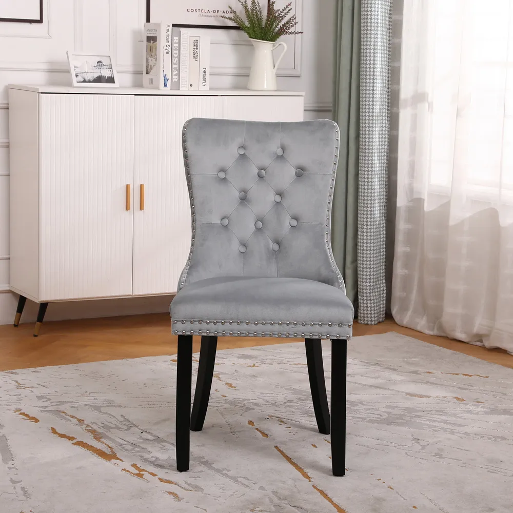 Set of 2 Studded Dining Chairs - Grey, Velvet