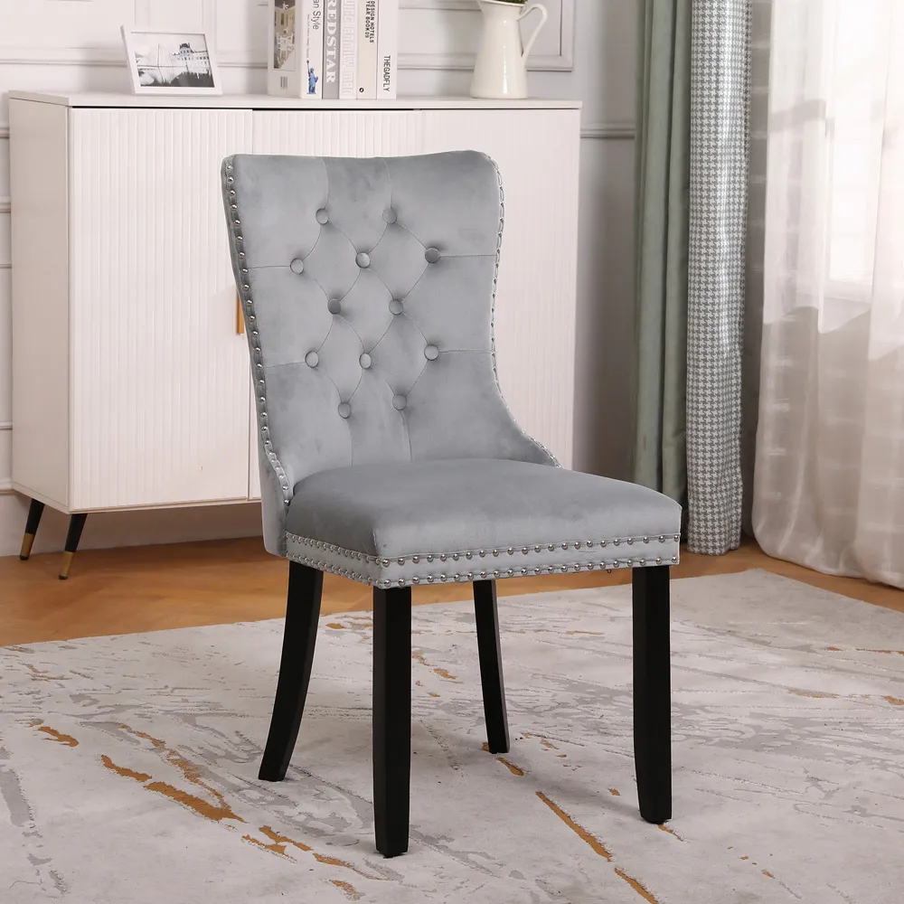 Set of 2 Studded Dining Chairs - Grey, Velvet
