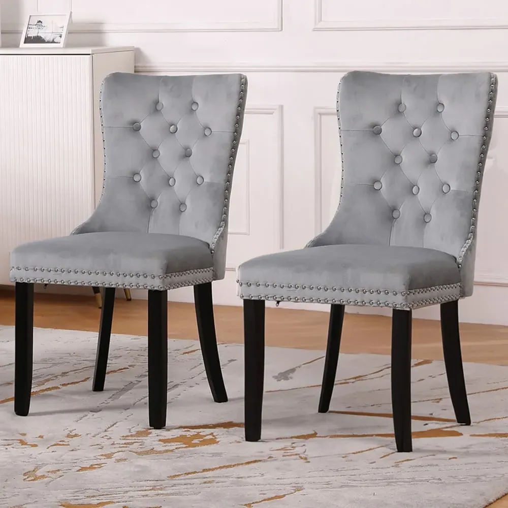 Set of 2 Studded Dining Chairs - Grey, Velvet