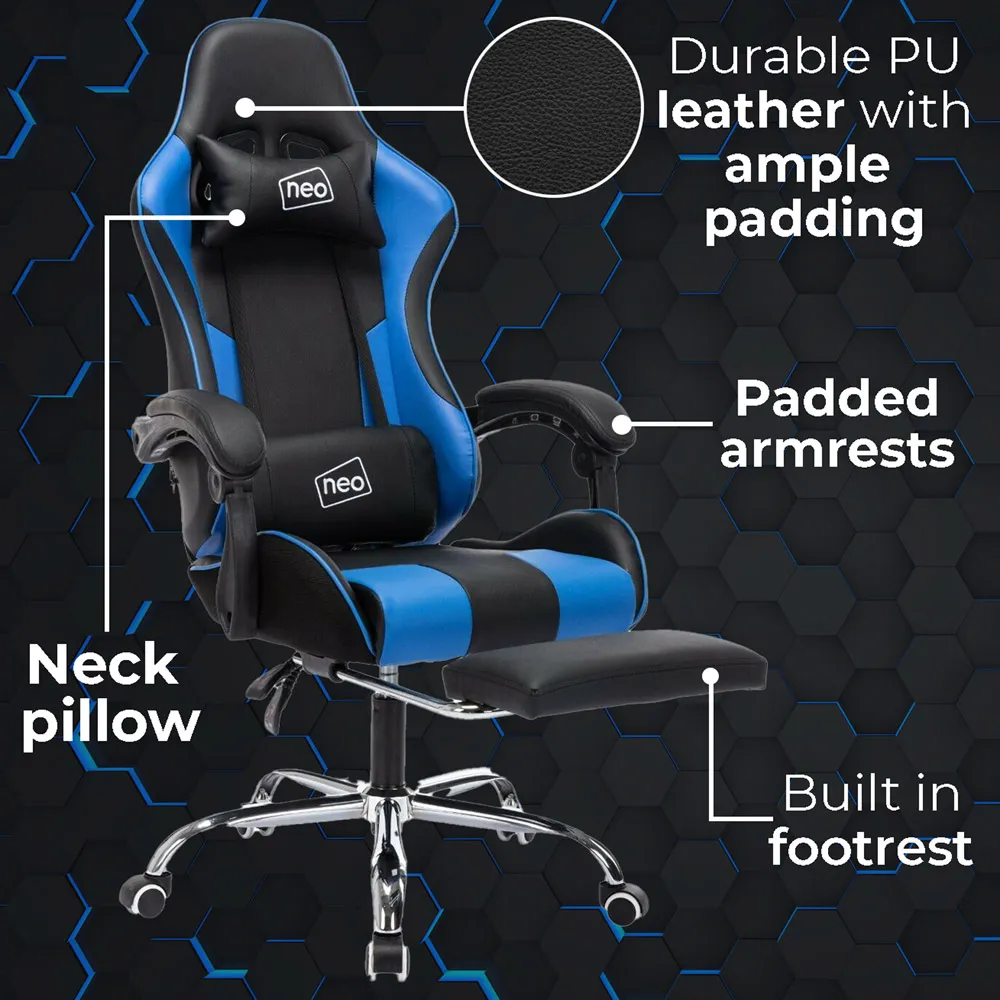 Swivel Massage Office Chair with Footrest - Blue, PU Leather