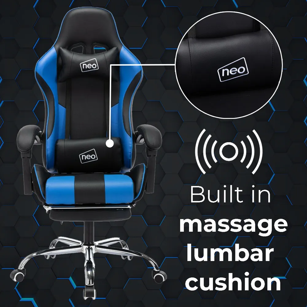 Swivel Massage Office Chair with Footrest - Blue, PU Leather