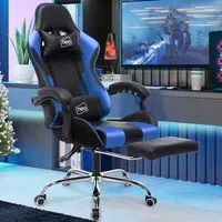Swivel Massage Office Chair with Footrest - Blue, PU Leather