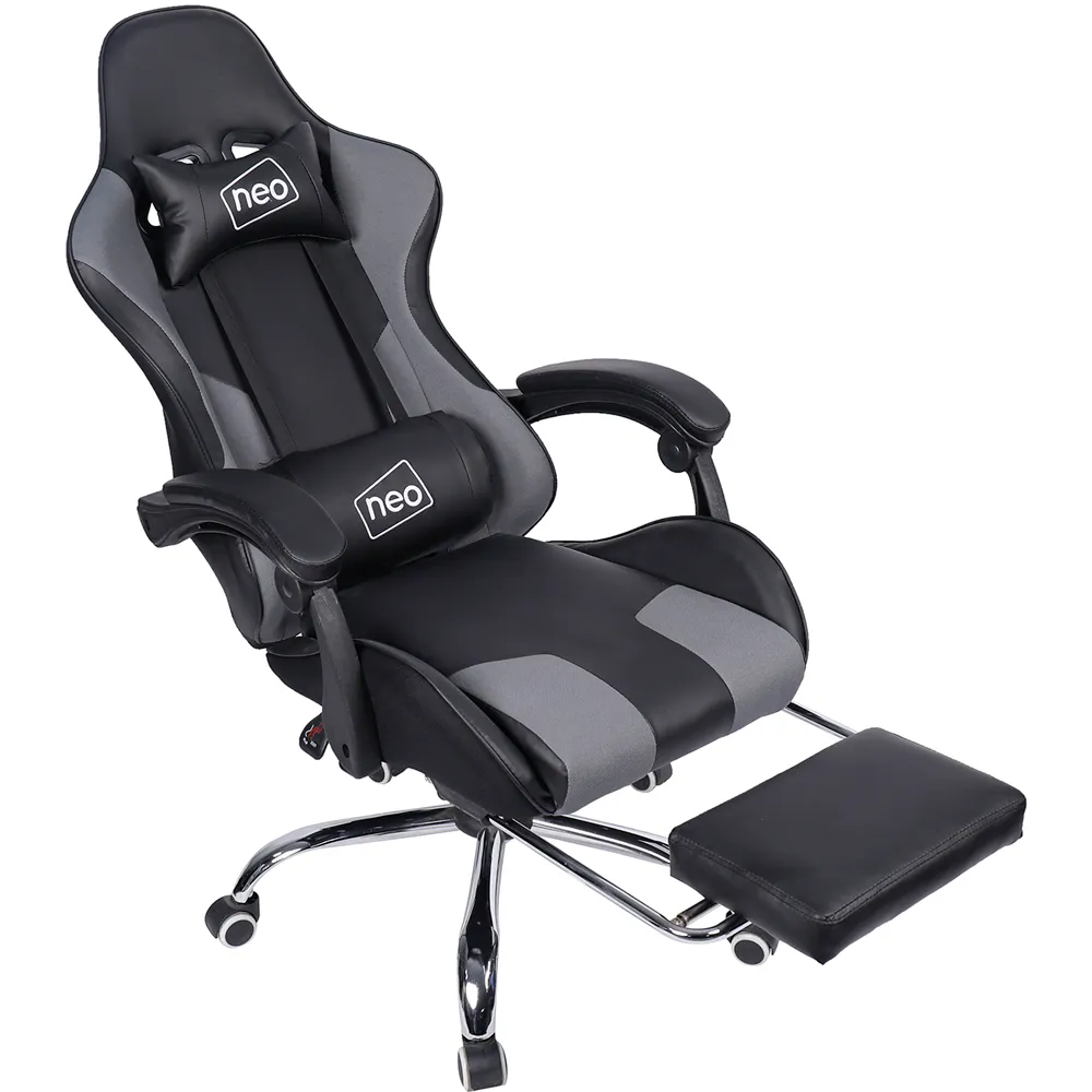 Swivel Massage Office Chair with Footrest - Grey, PU Leather