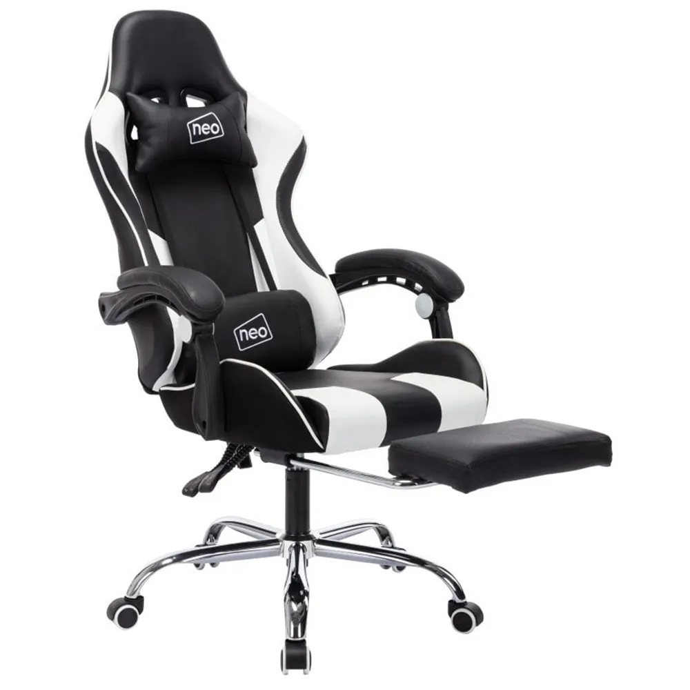Swivel Massage Office Chair with Footrest - White, PU Leather