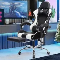 Swivel Massage Office Chair with Footrest - White, PU Leather